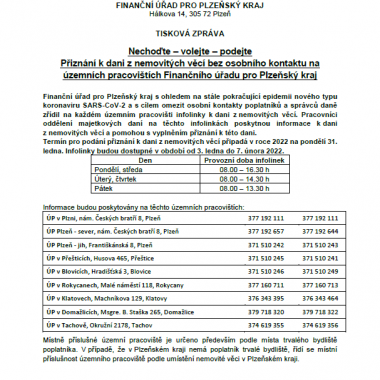 Přiznání k dani z nemovitých věcí bez osobního kontaktu na územních pracovištích Finančního úřadu pro Plzeňský kraj 1